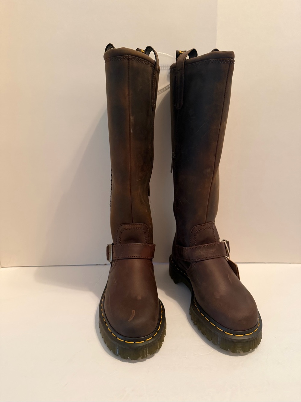 NWT Dr. Martens Anistone Brown Tall Harness Boots with Yellow Stitching - Picture 2 of 11